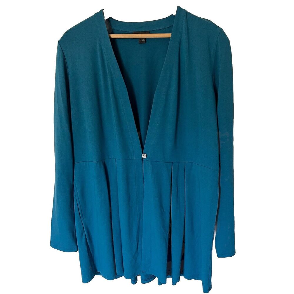 J. Jill Wearever Sz Small Knit Jacket Cardigan Cyan Blue Pleated Pockets Travel
